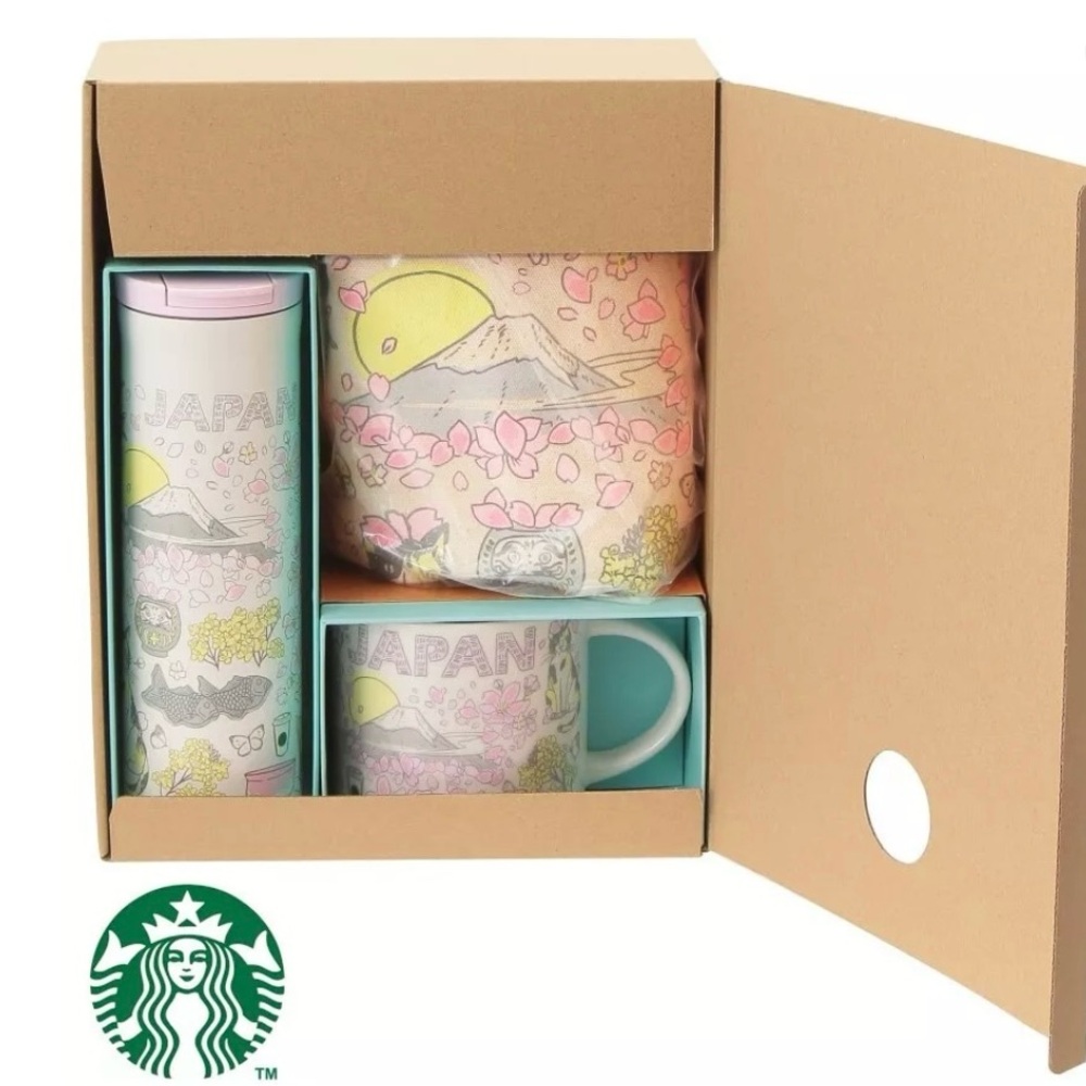 Japan cherry blossoms 3 piece set tote, coffee mug, and flask